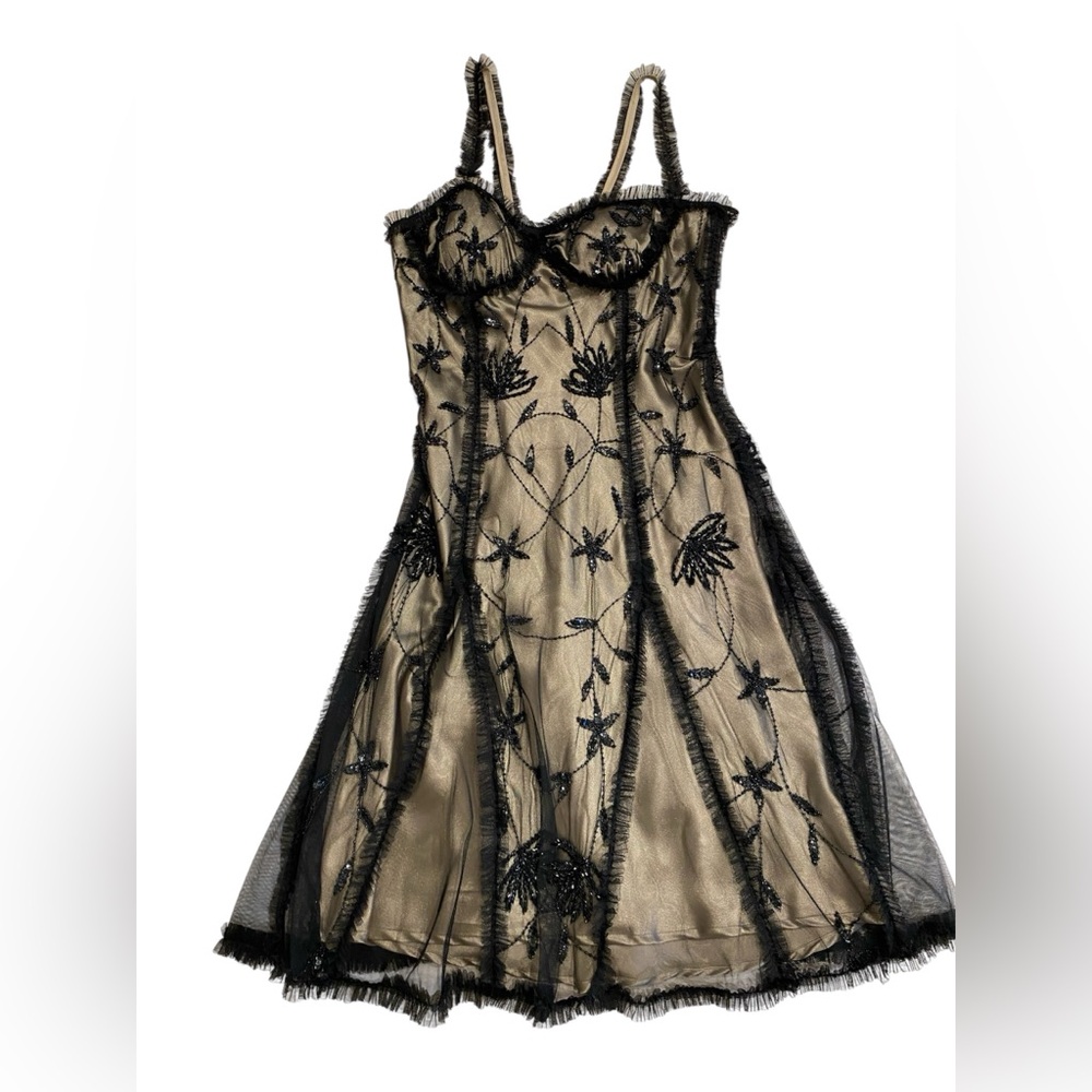 Vintage Scala Black and Gold Embroidered Beaded Bustier Dress